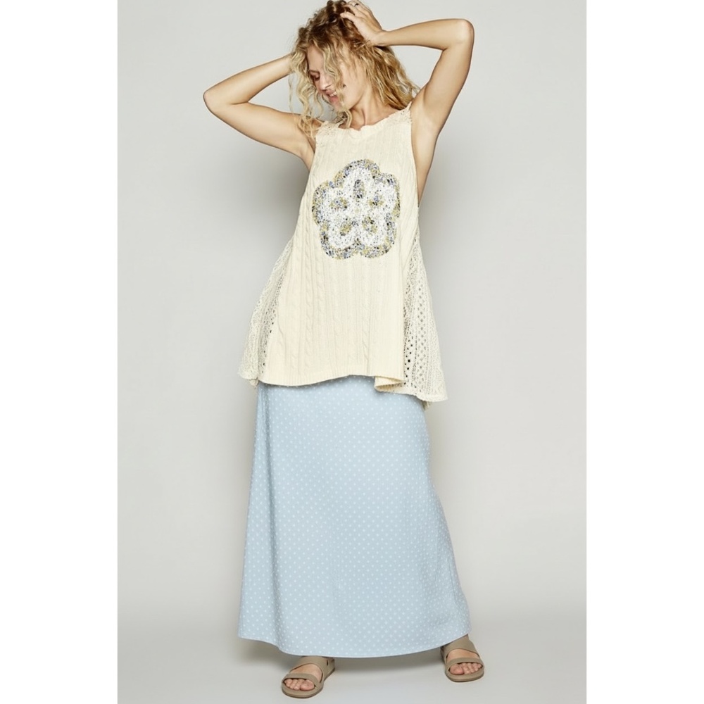 POL Cream Patchwork Sleeveless Sweater Tunic | Crochet Lace Floral Top - Picture 2 of 5